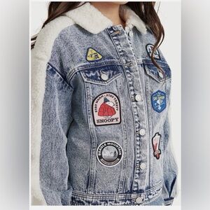 Justice Peanuts Girls Snoopy Patch Denim Faux Fur Jacket Size XL Plus NWT